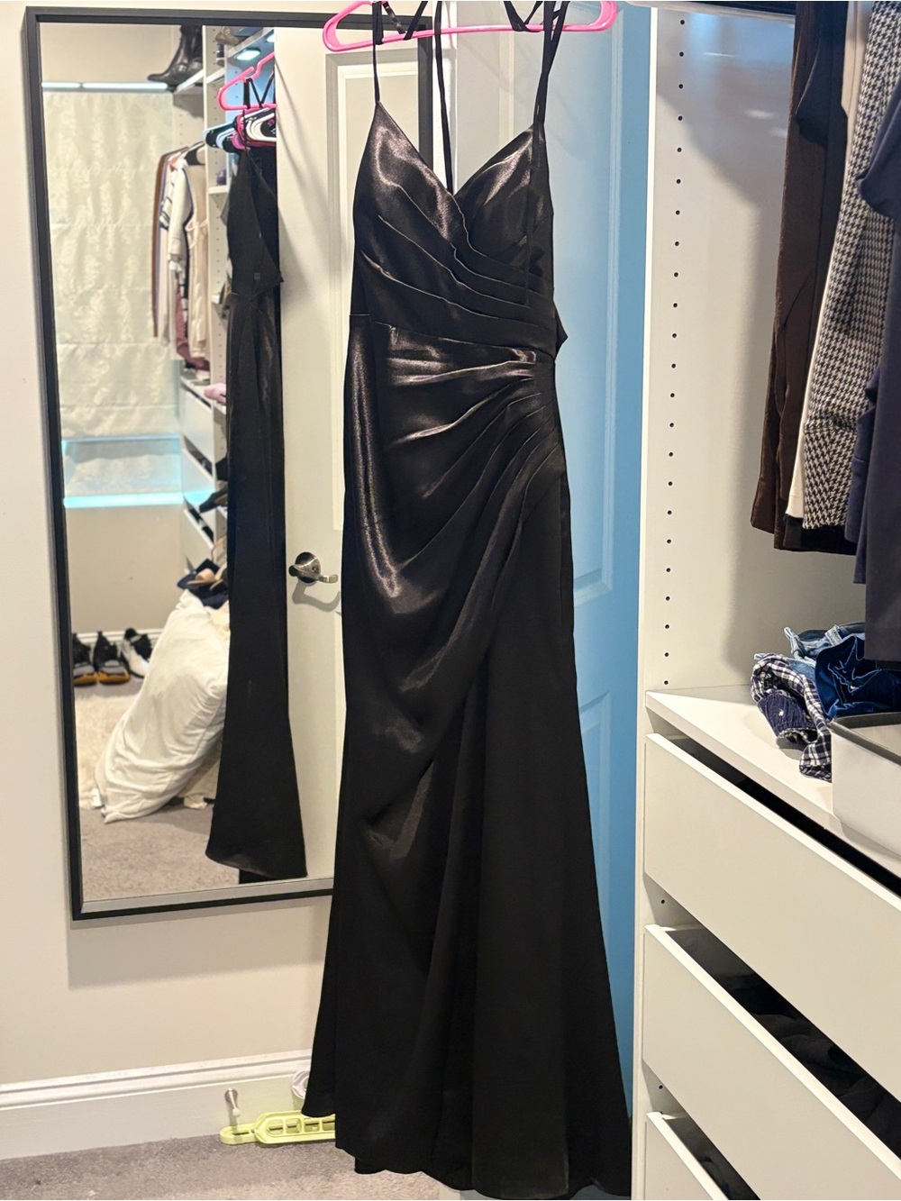 JJs House Black Satin Spaghetti-Strap Evening Gown